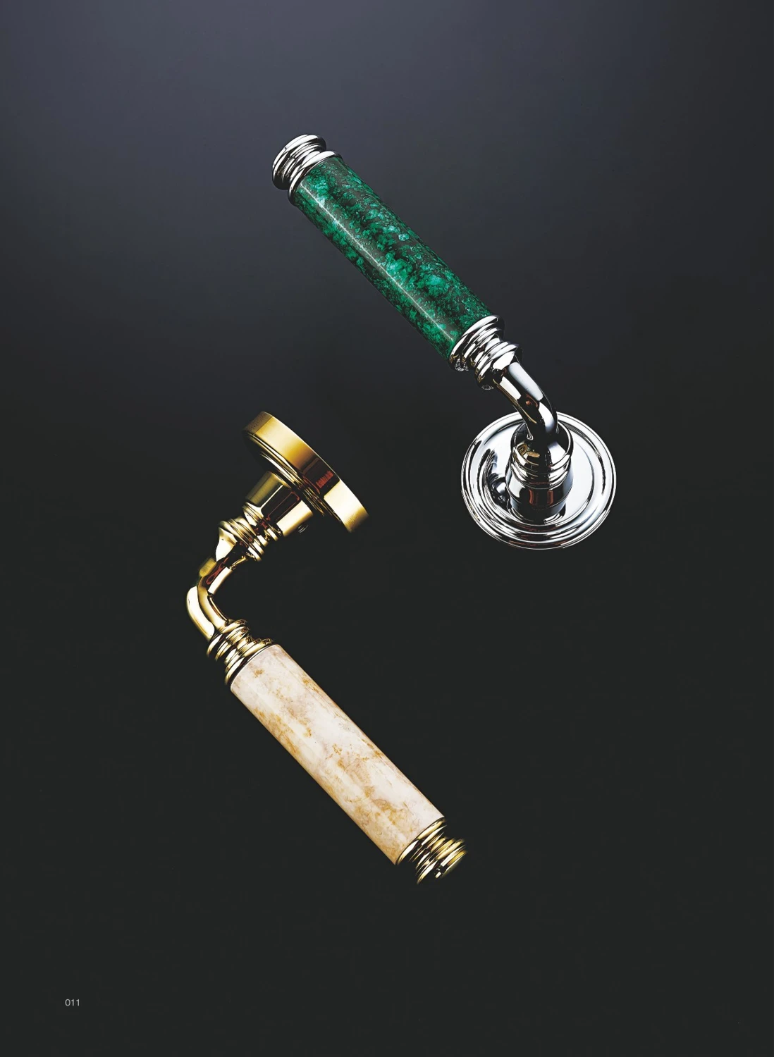 Brass door levers with decorative green and white inserts